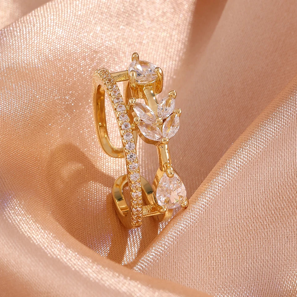 ZAKOL Women Fashion CZ Flower Leaf Open Cuff Bracelet Ring Set Cubic Zirconia Adjustable Bangle Ring Wedding Party Jewelry Set