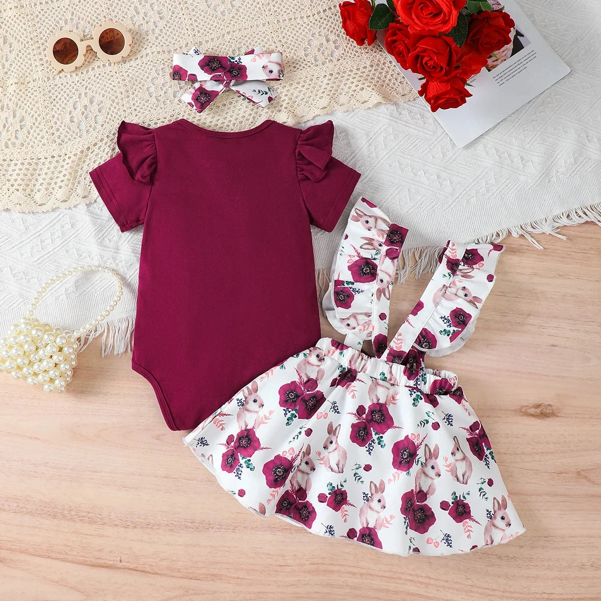 Baby girl Summer Set Solid Color Jumpsuit+Rabbit Printed Shoulder
