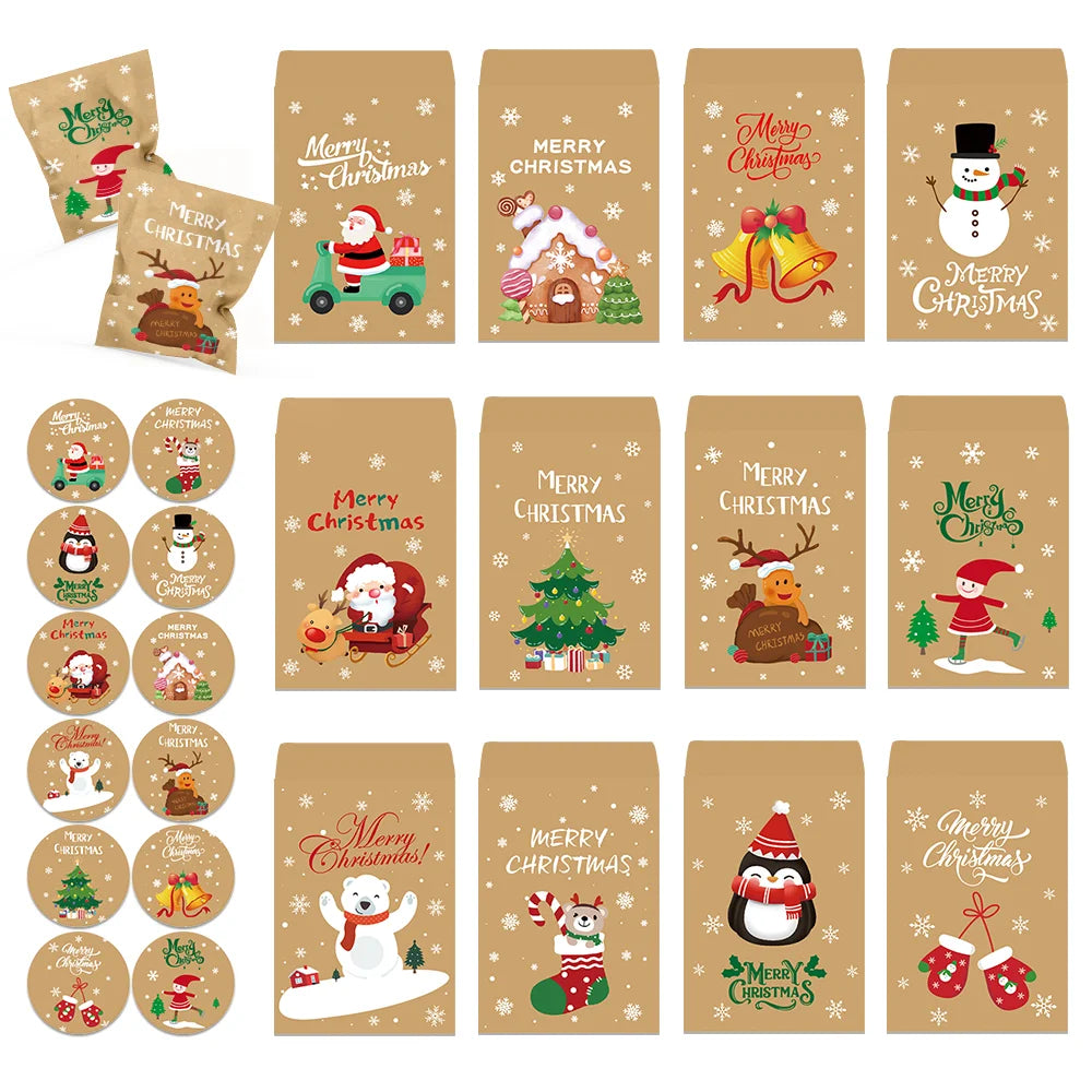 24Pcs Merry Christmas Cartoon Kraft Paper Cookie Bags, Xmas Candy Goodie Bags with Decorative Stickers, Chocolate, Small Gifts