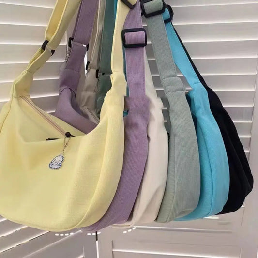 Corduroy Waffle Plaid Shoulder Bag Korean Style Large Capacity Solid Color Shoulder Bag Cotton Cloth Handbag
