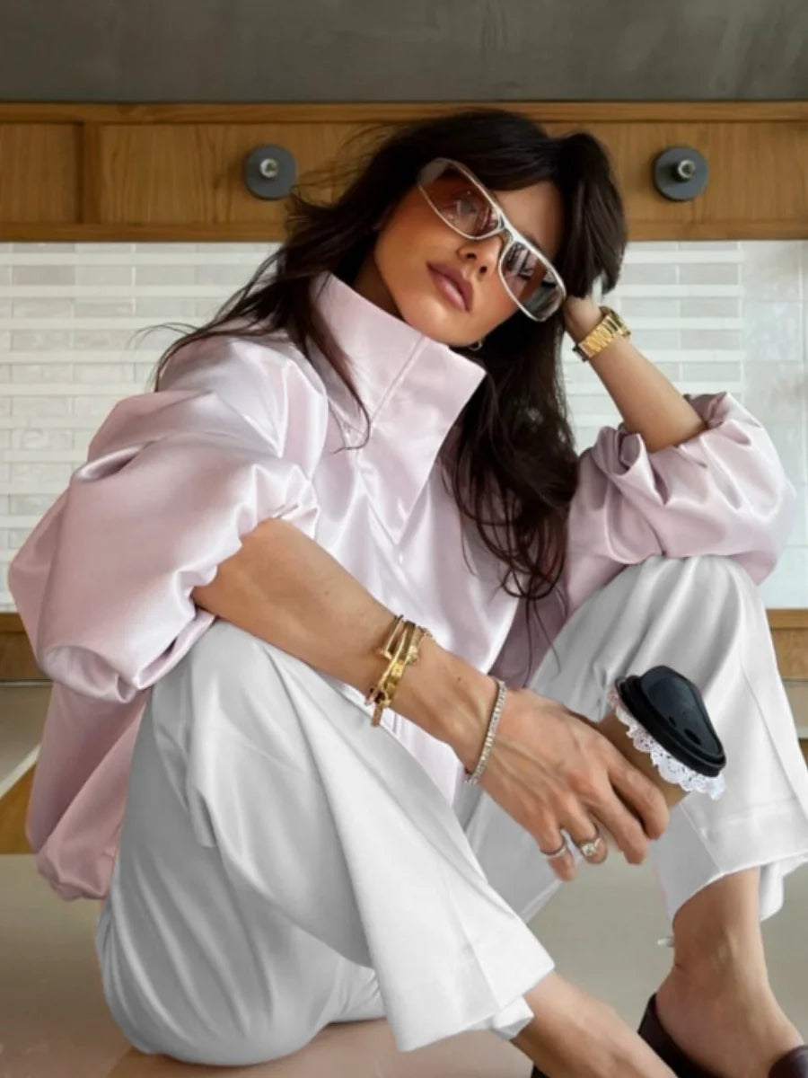 Women's Elegant Satin Zipper Jackets Fashion Stand Collar Long Puff Sleeve Loose Fit Coats Casual Autumn Winter Outerwear