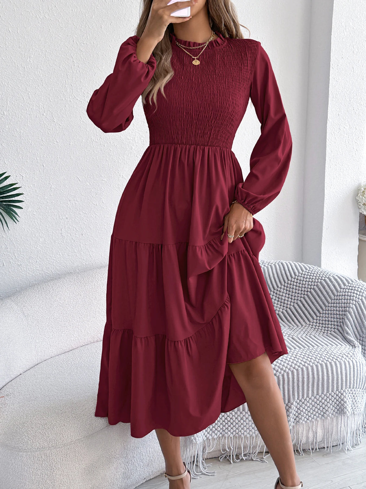 Autumn Winter Elegant Dress for Women Solid Color Round Neck Lantern Long Sleeve Ruffled Dresses Khaki Green Red Woman Clothing