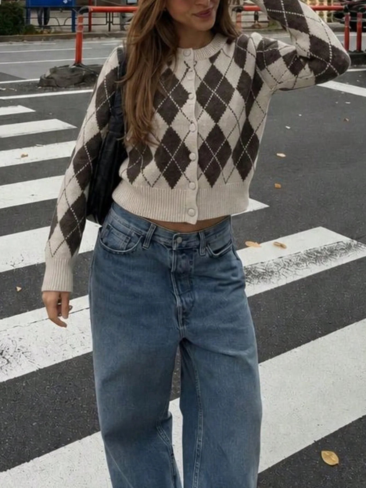 Vintage O-Neck Argyle Knitted Sweater Women Casual Single Breasted Long Sleeve Slim Cardigan Female Autumn Winter Streetwear