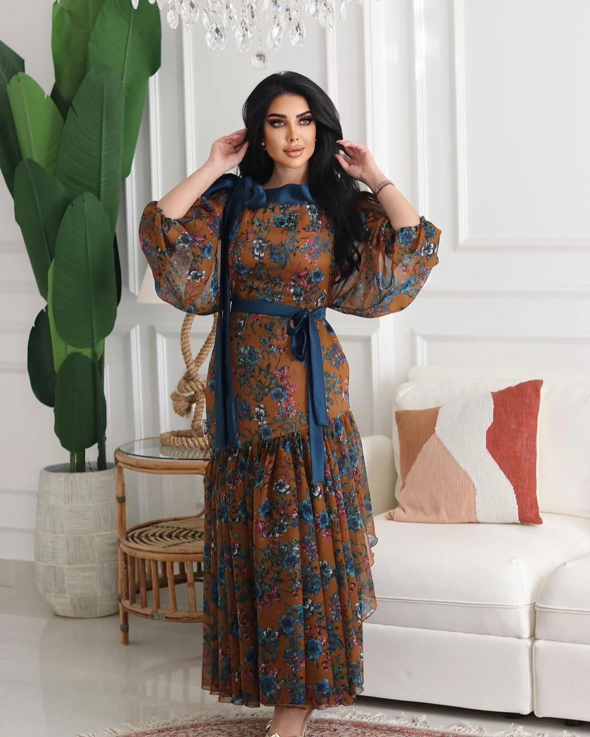 BKLD O-Neck Long Sleeve Dress 2026 Spring Summer Clothes For Women Sexy Chiffon Fashion Printed Lace-Up Evening Party Dresses