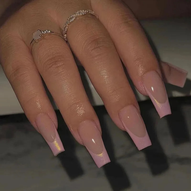 24Pcs Simple Blue French Fake Nails with Diamond Love Pattern Design False Nails Press on Mid-length Ballet Full Cover Nail Tips