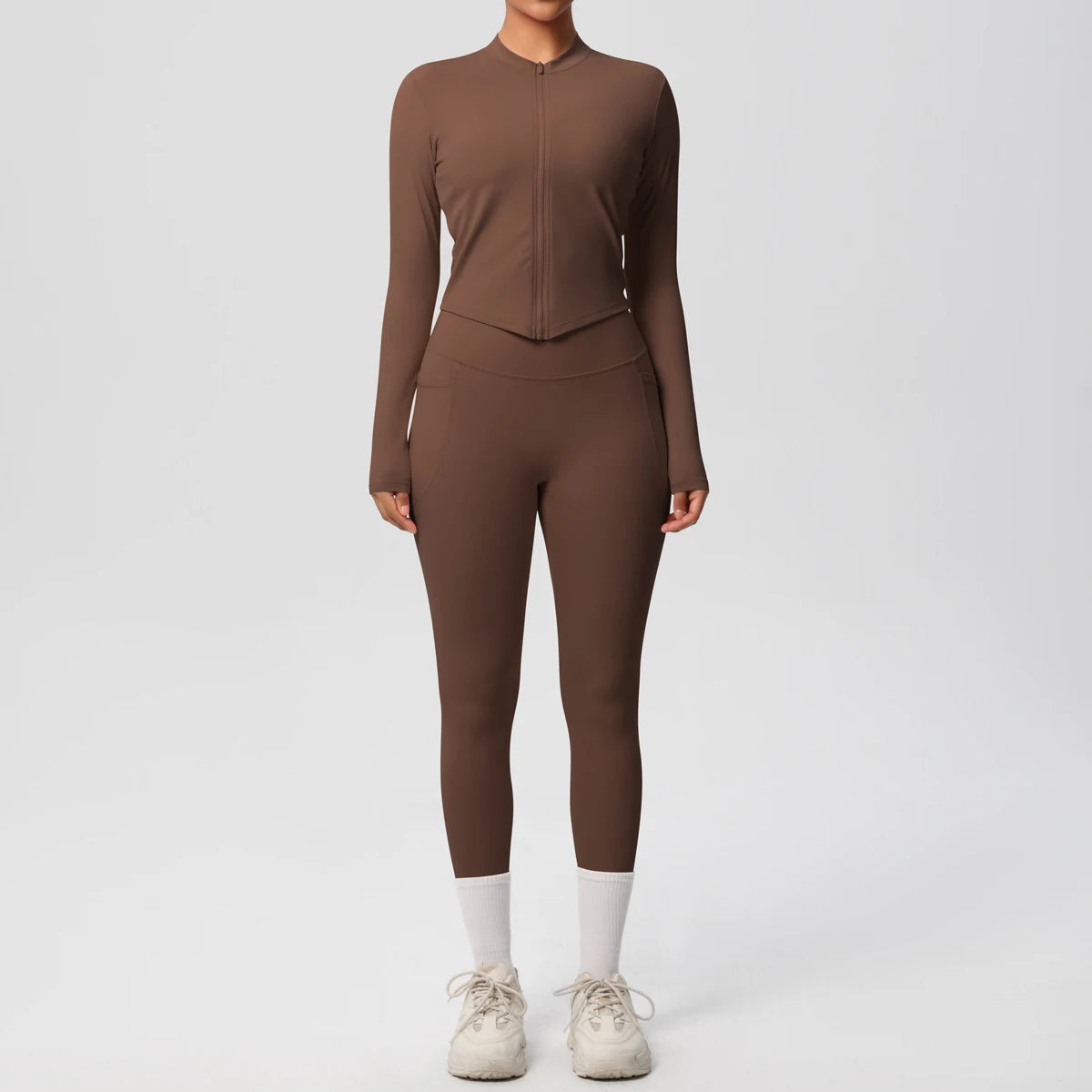 2PCS Yoga Suit Women Gym Set Leggings With Pocketed Women Tracksuit Running Zipper Workout Sportswear Long Sleeve Sports Shirt