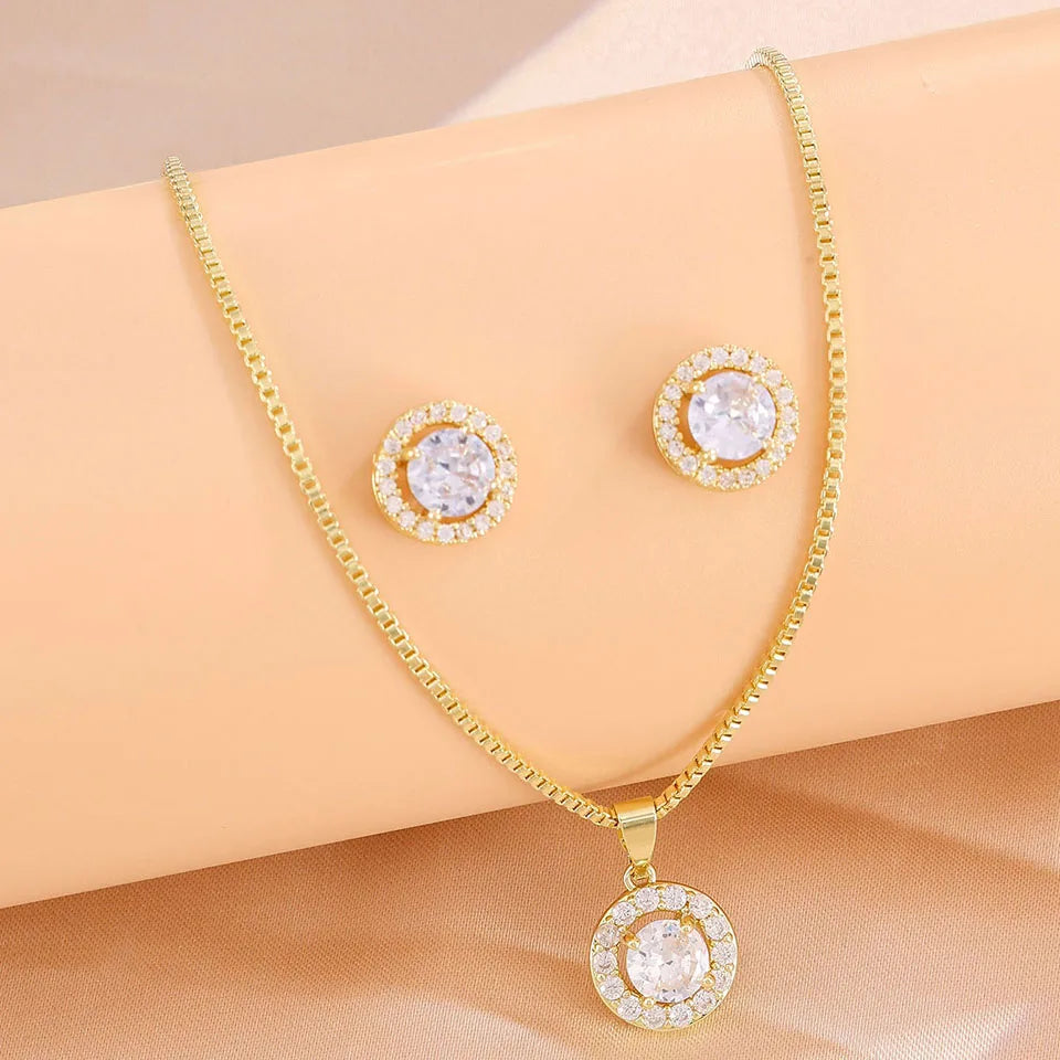 ZAKOL Creative Blue Turquoise Cubic Zirconia Round CZ Stud Earrings Necklace Set for Women Shiny Exquisite Jewelry Gifts