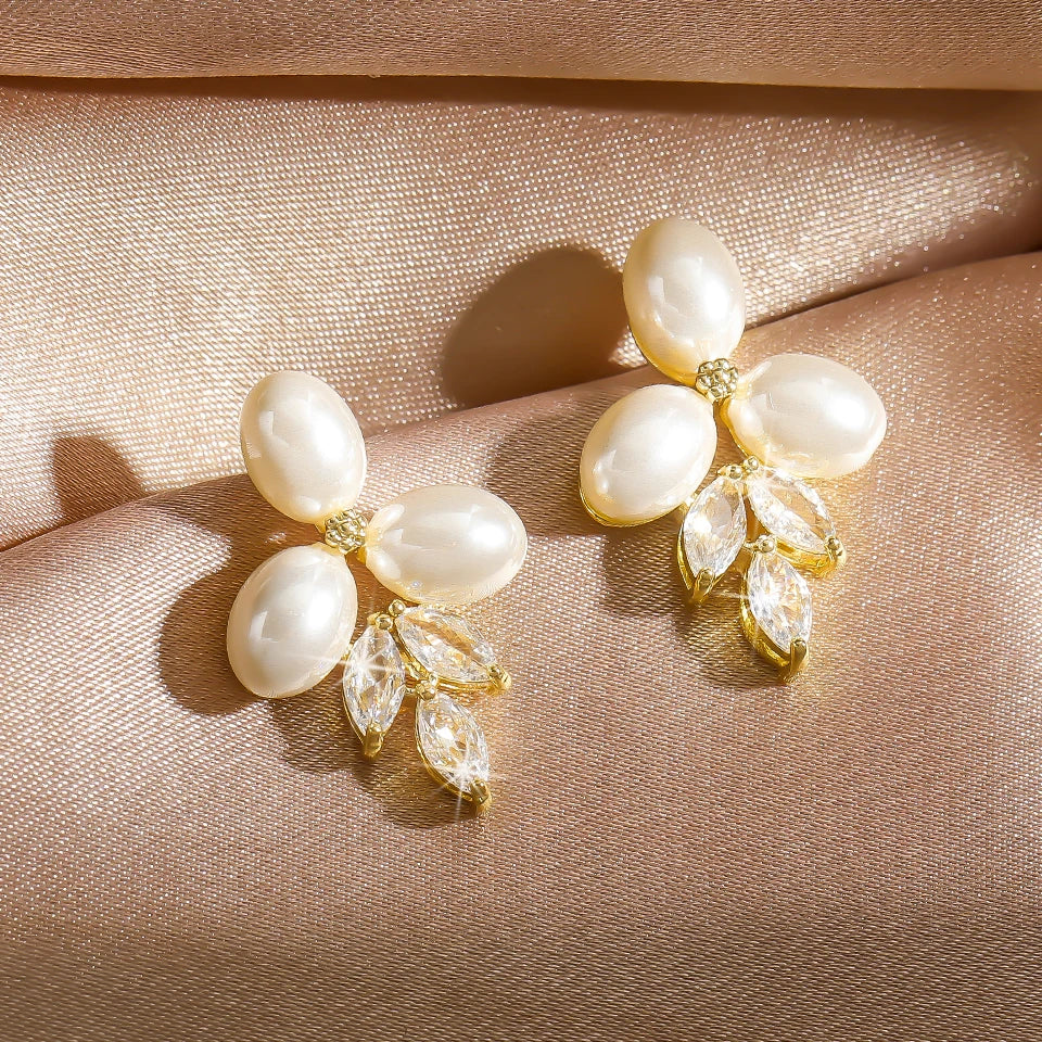 ZAKOL Marquise Oval Imitation Pearl Leaf Stud Earrings for Women Shiny Gorgeous Bridal Wedding Jewelry