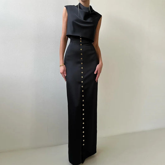 Women Skirt Set Satin Sleeveless Slim Top and High Waist Single Button Long Skirt Solid Black Blue Lady Office Party Club