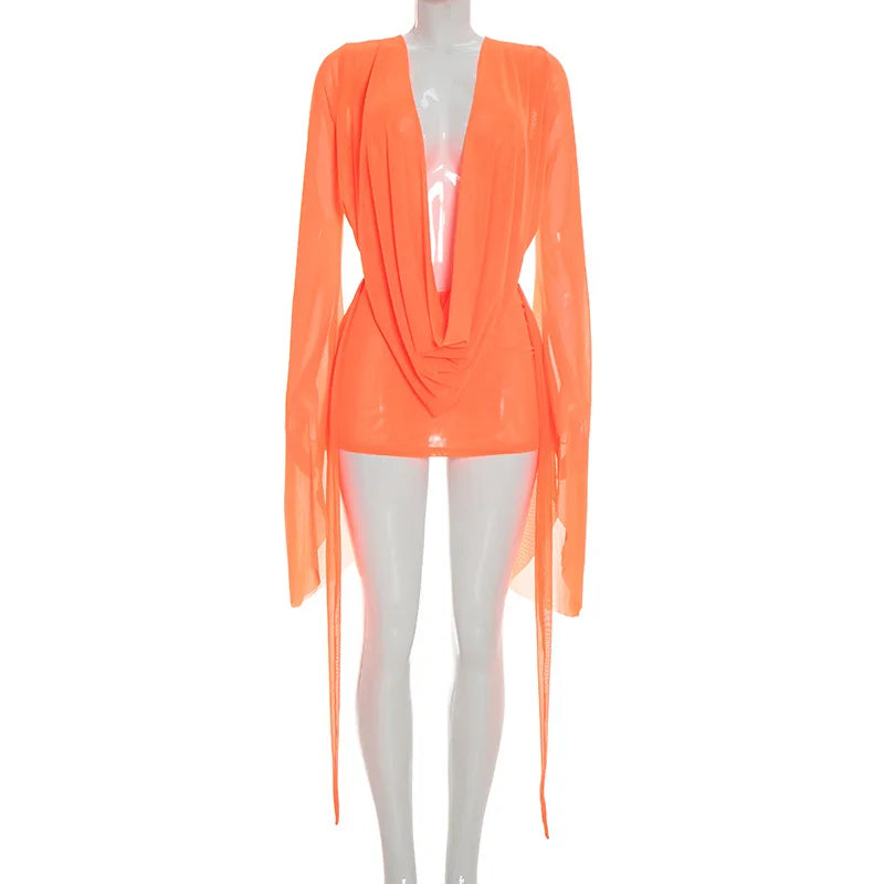 BKLD Solid Color 2026 New Women's Clothing Mesh Swinging Collar Long Sleeve Open Back A-line Short Dresses Party Clubwear
