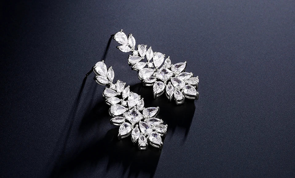 Fashion AAA Cubic Zirconia Chandelier Dangle Drop Earrings White Gold Color Crystal CZ Wedding Party Jewelry for Women