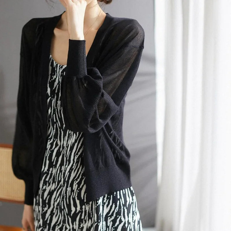 Women Elegant V Neck Single Breasted Thin Sun-proof Cardigan Elegant Korean Knit Simple Solid Sheer Tops Summer Casual Outwear