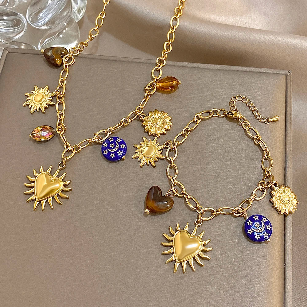 Women Stainless Steel Gold Plated Set, Sun Flower Heart Tiger's Eye Moon Star Charm Necklace Bracelet, Boho Fashion Jewelry Gift