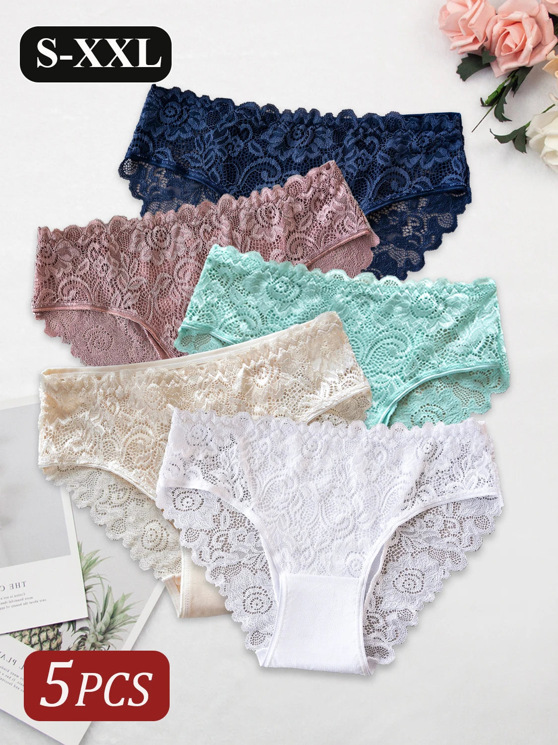 5PCS Romantic Sexy Women's Panties Hollow Out Lace Floral Underwear Breathable Solid Color Mid-Rise Briefs Cotton Lingerie Hot