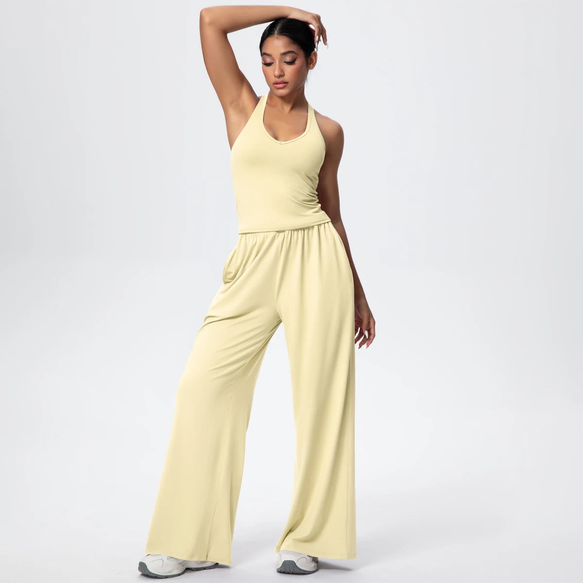 Breathable Loose Wide Leg Pants and Yoga Vest Set Solid Color High Stretch Pockets Pants Beautiful Back T-shaped Vest Yoga Suit