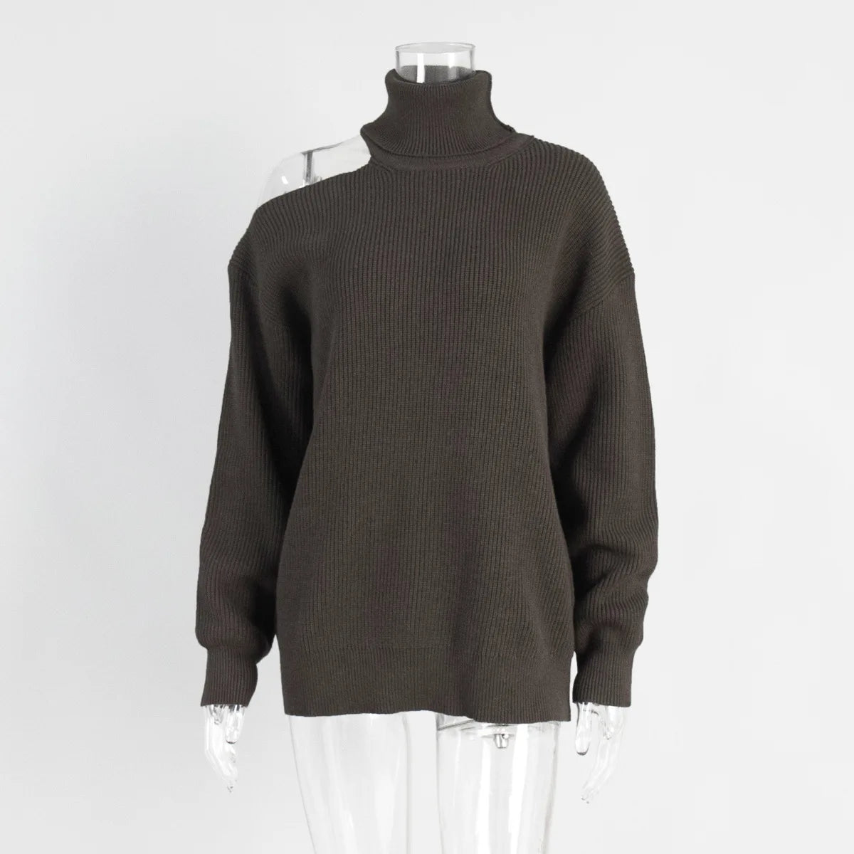 Women New Turtleneck Cutout Shoulder Pullover Long Sleeve Ribbed Knit Trendy Loose Fit Sweater Autumn Winter Fashion Streetwear
