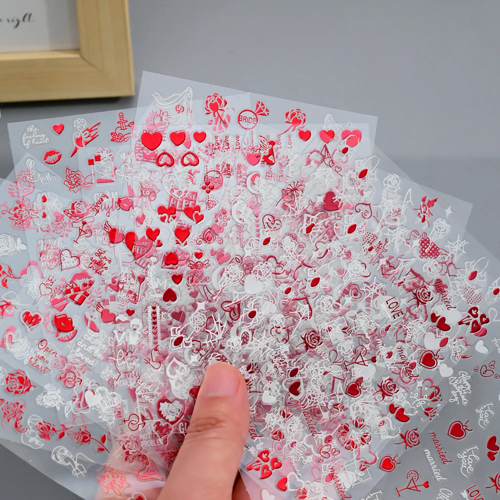 1Pc 3D Red Love Heart Nail Art Stickers Rose Flower Lip Self Adhesive Decals Valentine' Day Nail Sliders For Manicure Decoration