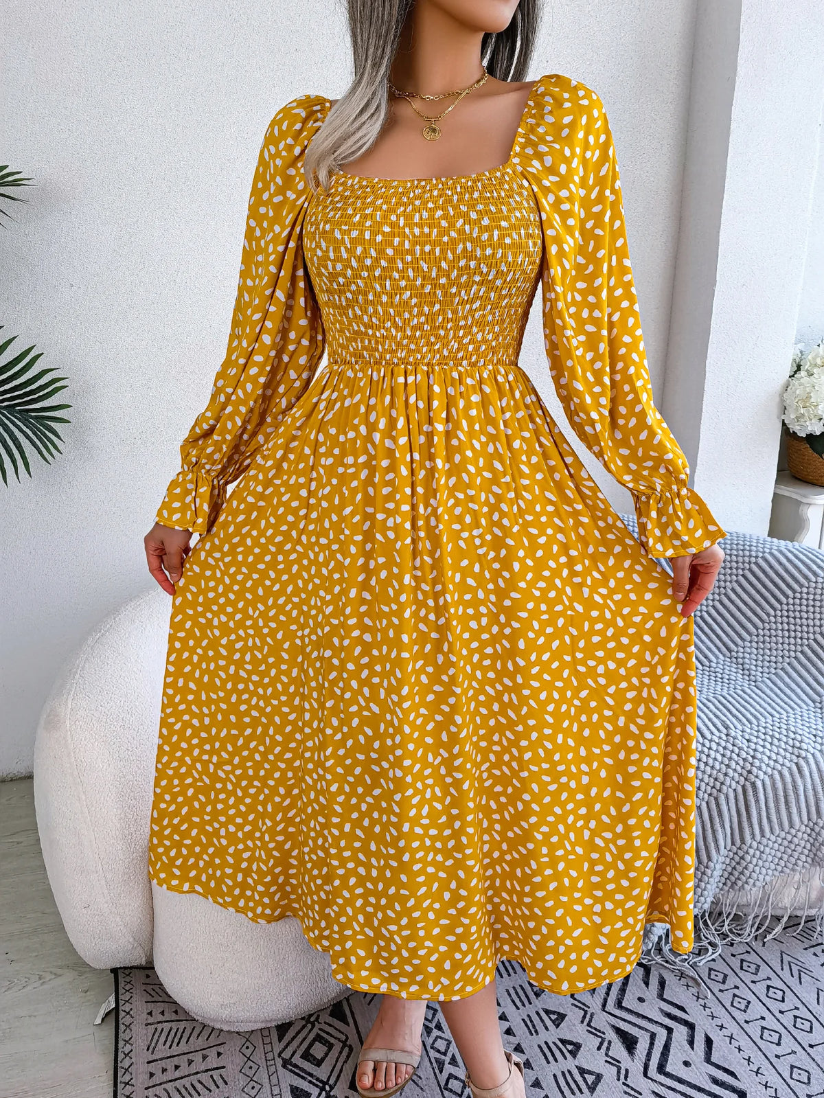 Spring Autumn Women's Elegant Polka Dot Square Neck Flare Long Sleeve Slim Waist Floral Dress Yellow Pink Red Woman Clothing