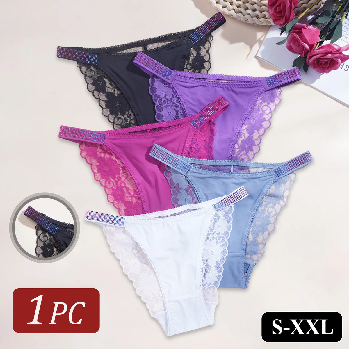 1PC Rhinestone Lace Sexy Girls Women Panties Solid Color Seamless Underwear Elegant Lace Floral Design Low Rise Briefs Lingerie