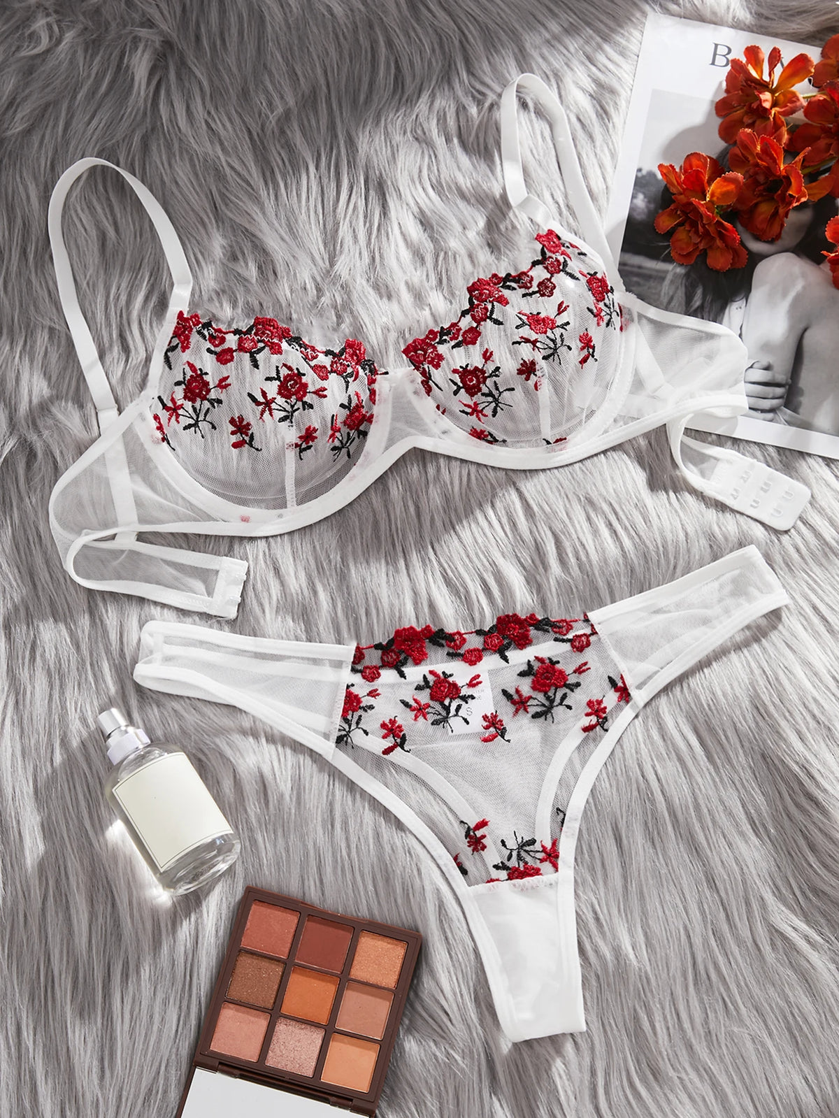White And Red Floral Embroidery Bra Set Women's Half Cup Underwear Thin Breathable Thong 2-Piece Set Valentine's Day Gift