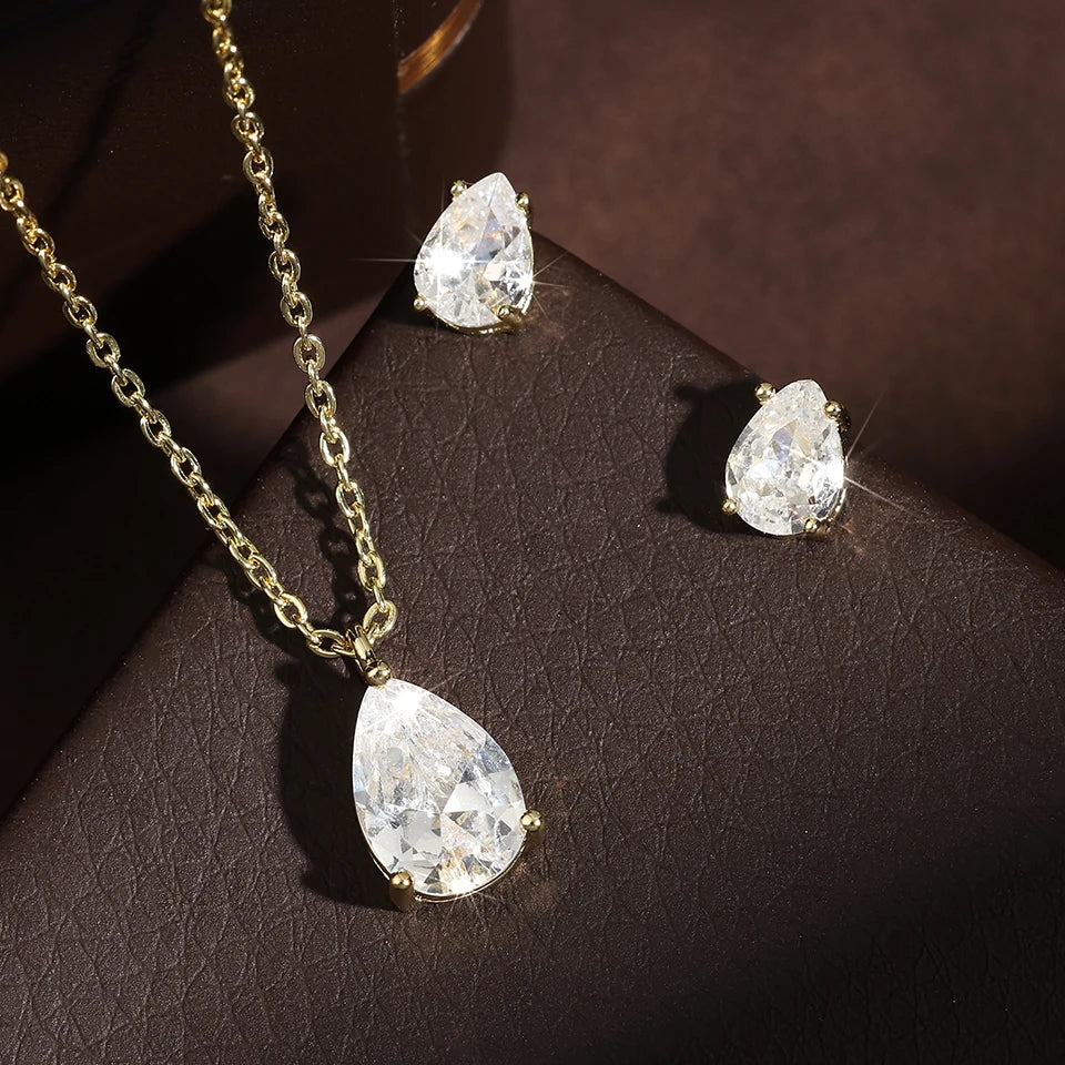 ZAKOL Exquisite Shiny Zircon Water Drop Round Earring Necklaces for Women Romantic Wedding Engagement Jewelry Set With Gift Box