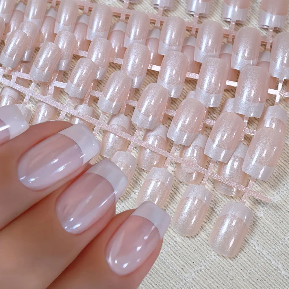 120Pcs French Pearlescent Short Square False Nails Acrylic Full Cover Artificial Press On Nails Glossy Fake Nails Extension