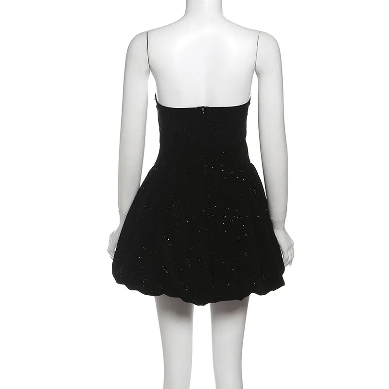 BKLD 2026 Winter New Women Clothing Elegant Fashion Strapless Sequin Diamonds Patchwork A-Line Puffy Dress Party Clubwear