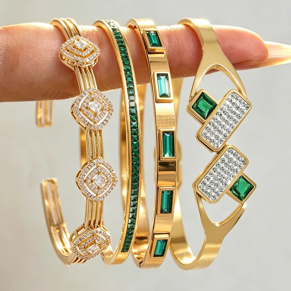 ZAKOL 4/1pcs Geometric Green Square Zircon Inlaid Stainless Steel Copper Stacking Bracelet Luxury Wedding Party Jewelry Gift