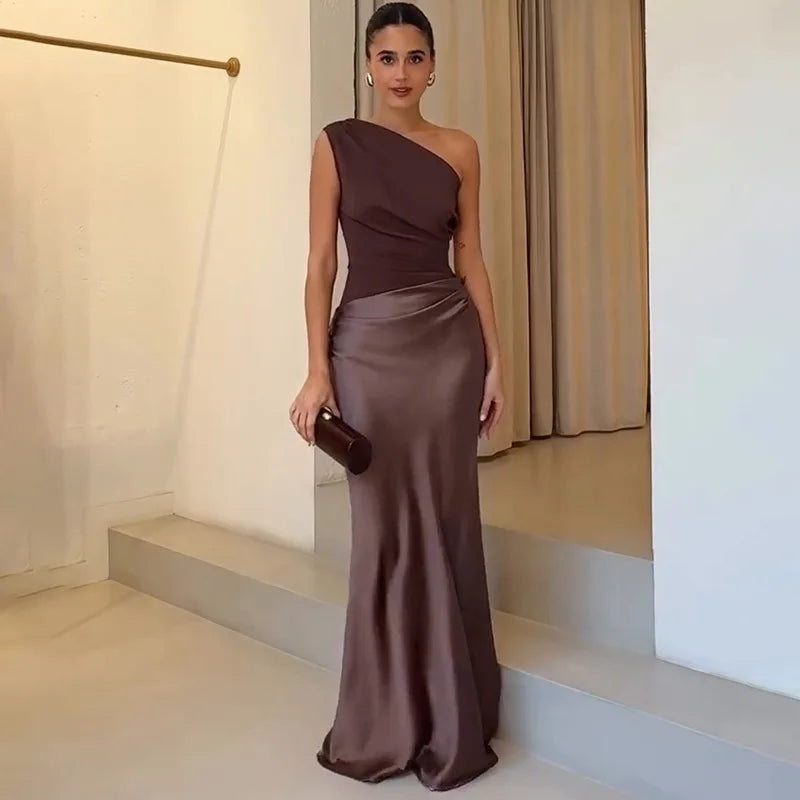 Elegant One-Shoulder Patchwork Satin Party Dress for Women Irregular Neck Slim Sleeveless Dresses Female Evening Gowns Clubwear