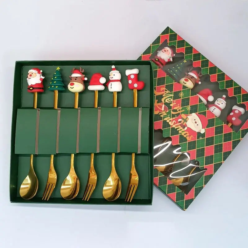 6Pcs Festive Christmas Spoon Fork Set with Gift Box,Golden Stainless Steel Coffee Tea Dessert Cutlery,Christmas Gift for Holiday