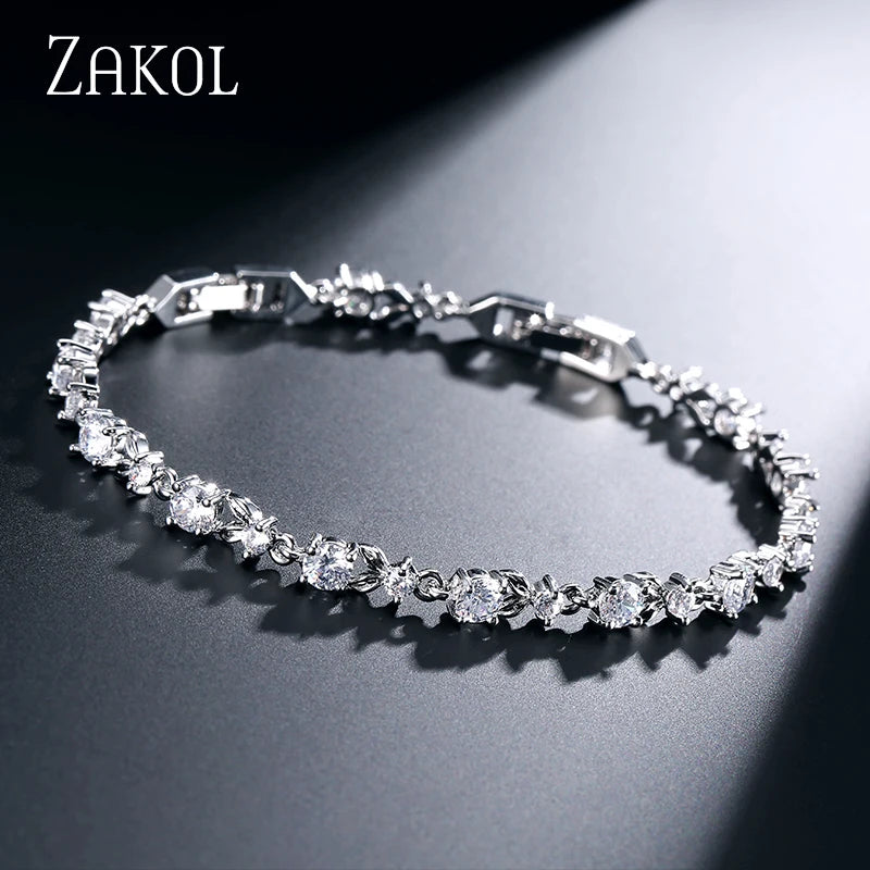 ZAKOL Exquisite Zircon Leaf Bracelets for Women Sliver Color Crystal Men Bangles Fashion Heart Zircon Girls Party Jewelry