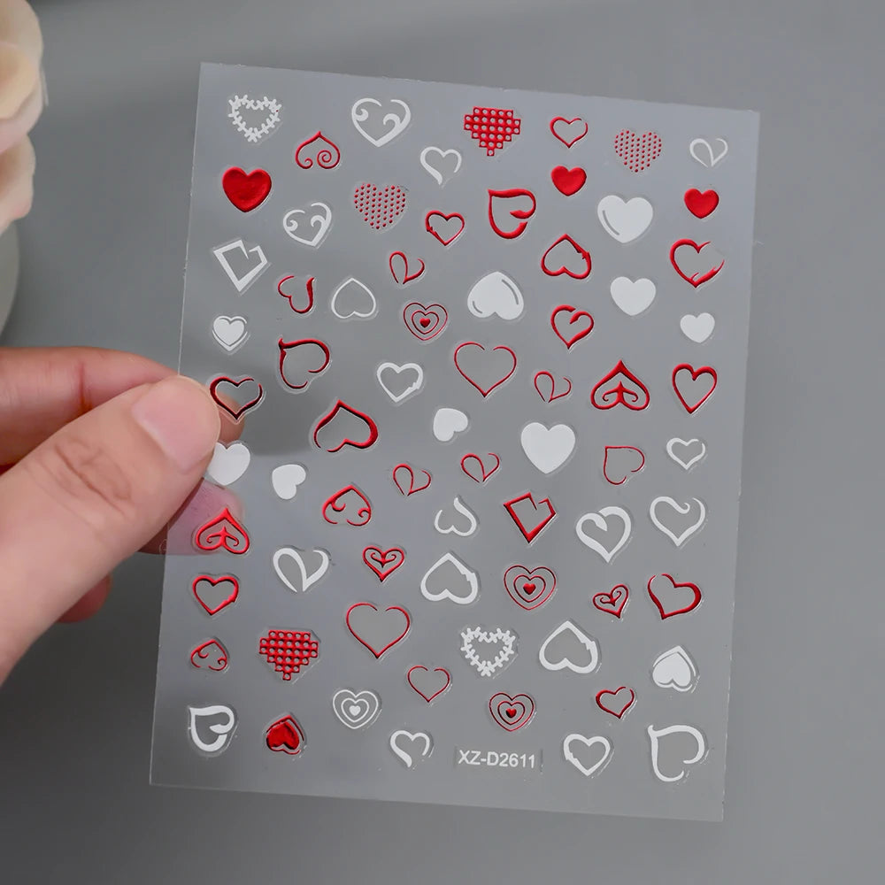 1Pc 3D Red Love Heart Nail Art Stickers Rose Flower Lip Self Adhesive Decals Valentine' Day Nail Sliders For Manicure Decoration