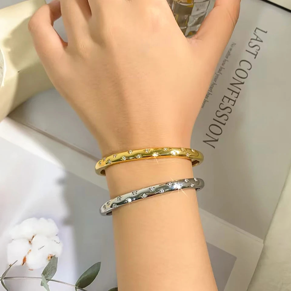 ZAKOL Trendy Stainless Steel Five-pointed Star Zircon Inlaid Open Bracelet Versatile Non Fading Cuff Bangles Jewelry Gift