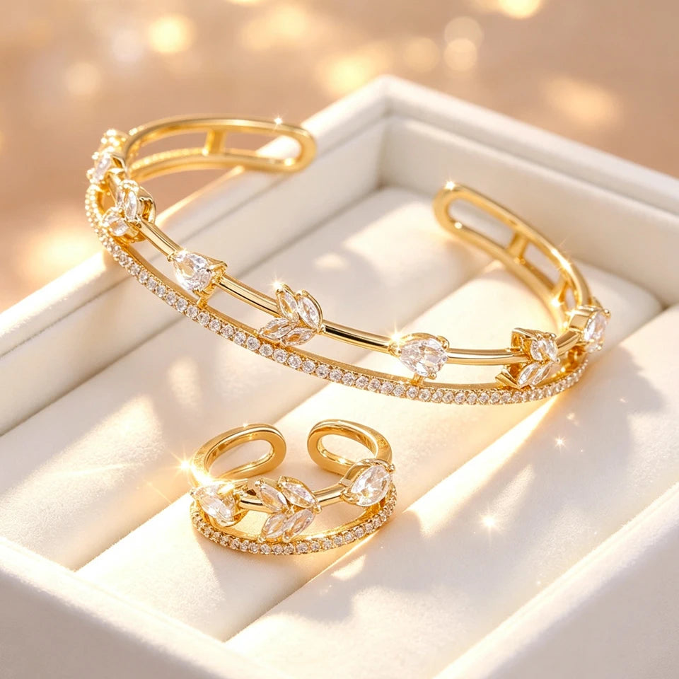 ZAKOL Women Fashion CZ Flower Leaf Open Cuff Bracelet Ring Set Cubic Zirconia Adjustable Bangle Ring Wedding Party Jewelry Set