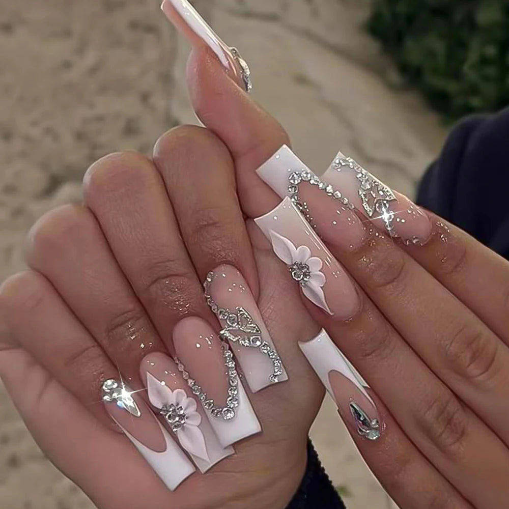 24Pcs Long Coffin French False Nails with Flower Butterfly Design Acrylic Full Cover Fake Nails Tips for Women Press On Nails