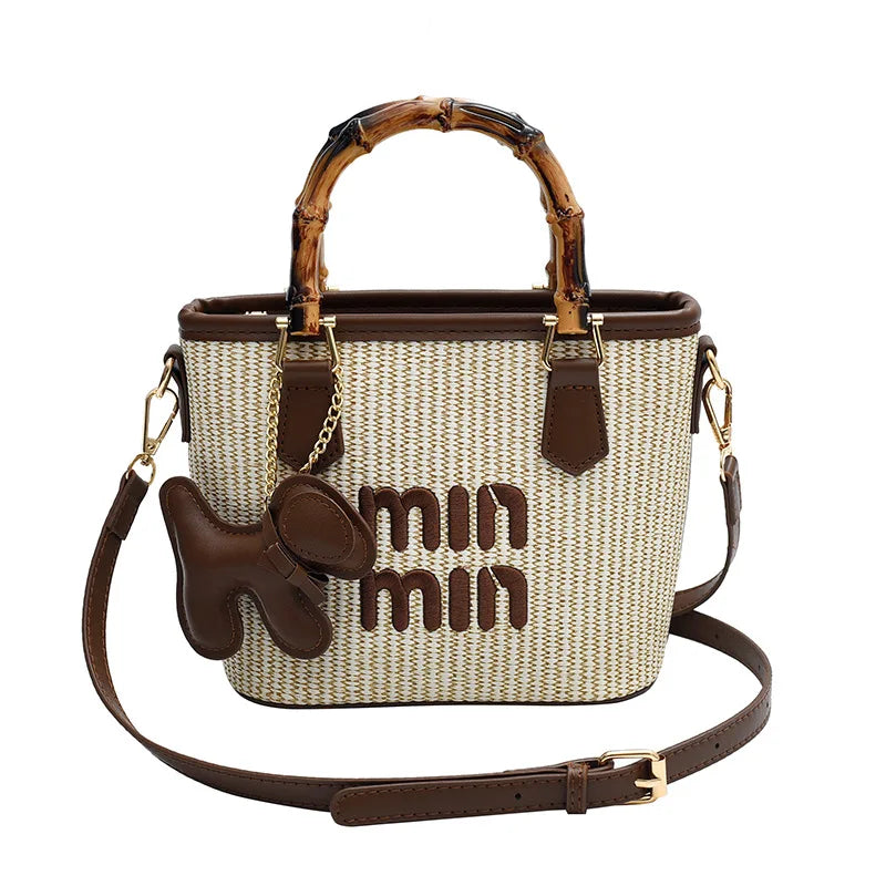2025 New Spring Fashion Contrasting Straw Bamboo Joints Basket Bag Bucket Bag Hand-held Shoulder Diagonal Bag