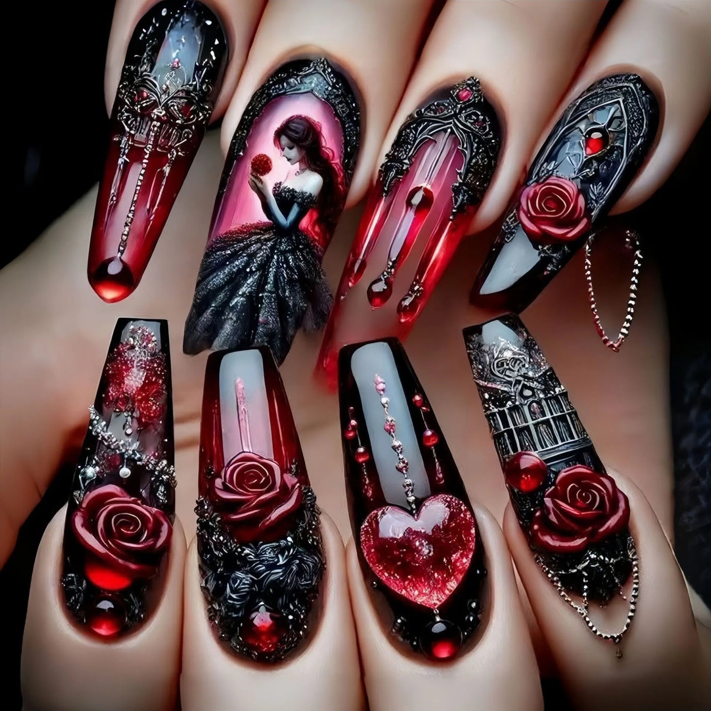 Medium long fake nails dark red black rose flowers heart design for Valentine's Day reusable ABS press on Artificial nails art