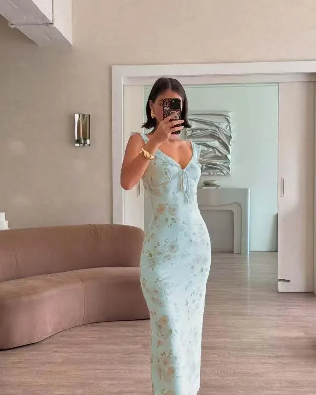 Elegant Summer Print Floral Dress Women V-neck Slim Ruffles Sleeveless Backless Long Dresses 2026 Beach Vacation Lady Vestidos