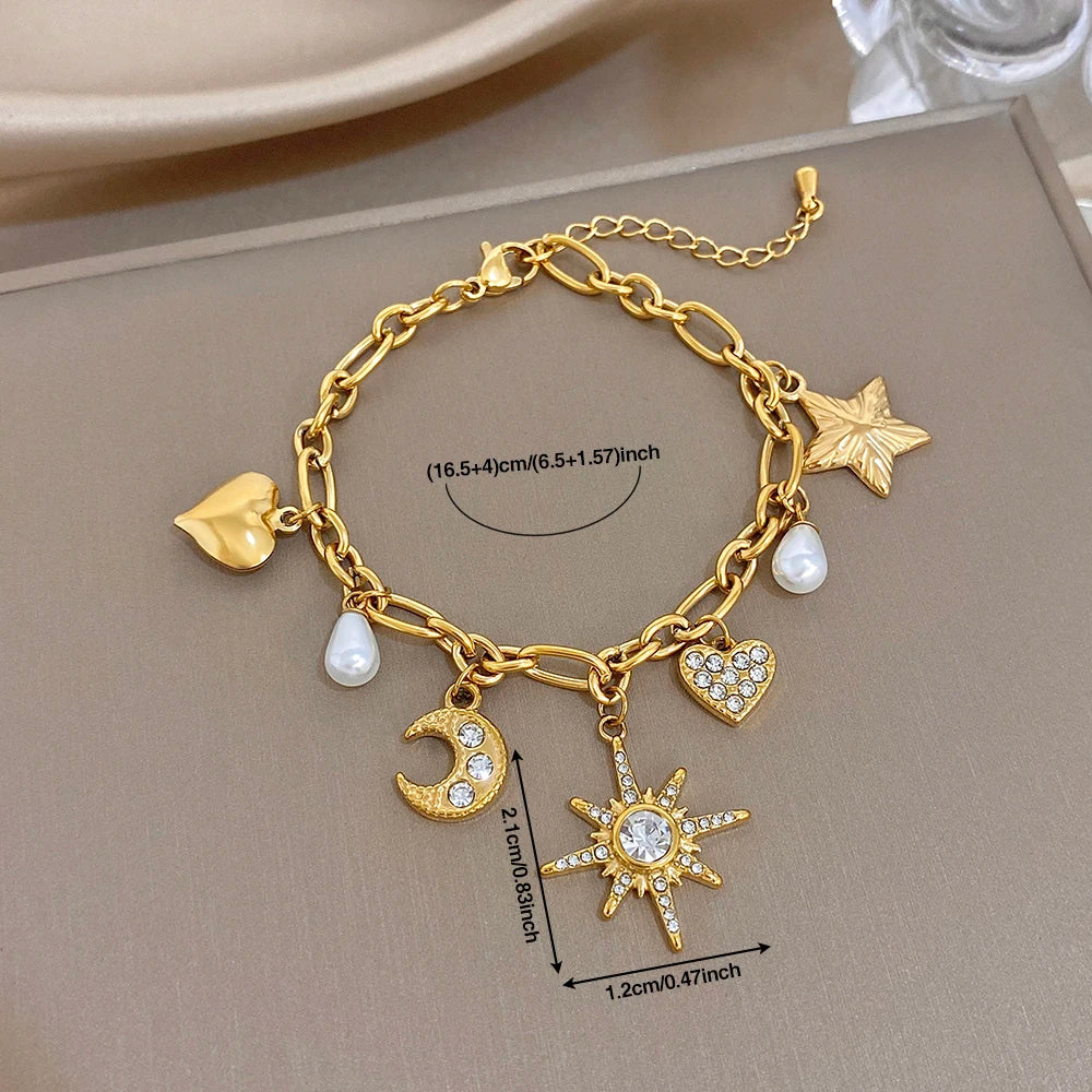 Flashbuy New Trendy Chic Gold Plated Stainless Steel Bracelet Statement Moon Heart Star Charm Sun Pendant Wrist Fashion Jewelry