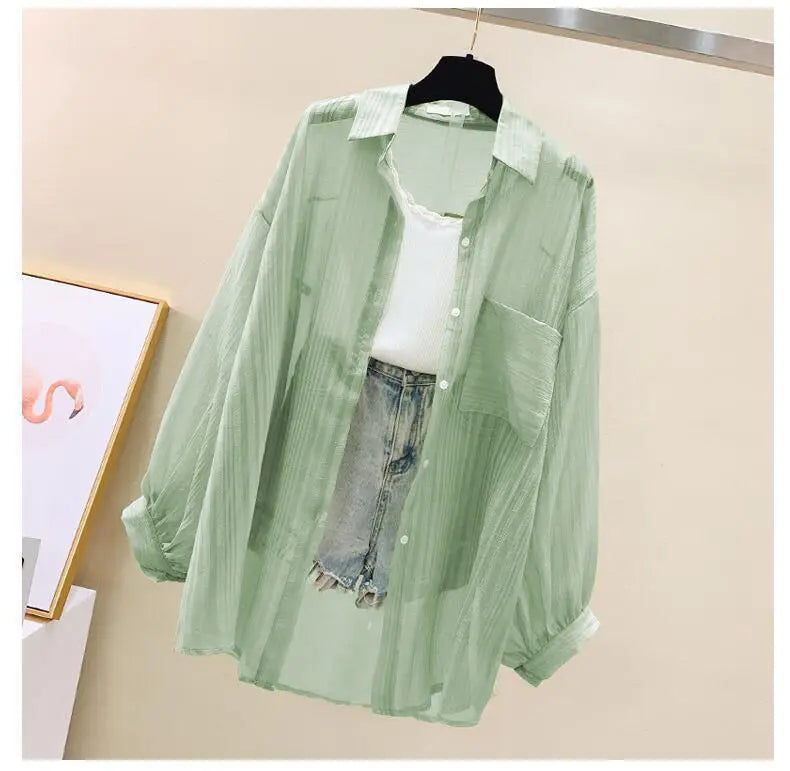 Summer Sunscreen Shirt Elegant Perspective Thin Chiffon Blouse Korean Harajuku See Through Loose Top Casual Women's Cardigan