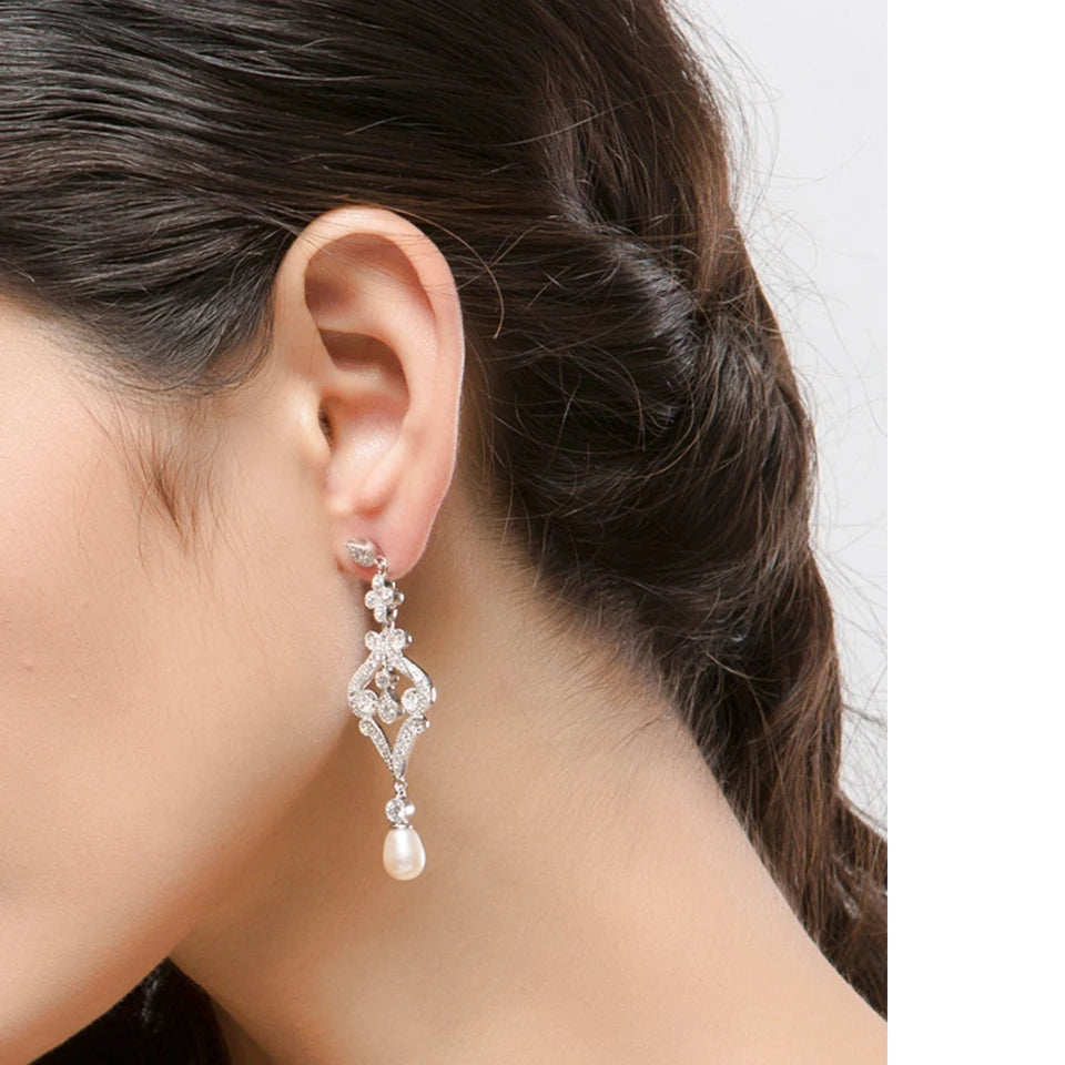 ZAKOL Elegant Simulated Pearl CZ Bridal Long Drop Earrings Fashion Engagement Wedding Jewelry Gifts for Women