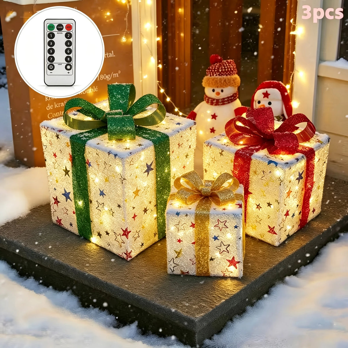 3 Pack Light Up Christmas Gift Box Ornaments, Battery Powered, Indoor & Outdoor Xmas Home, Porch, Lawn Holiday Decor