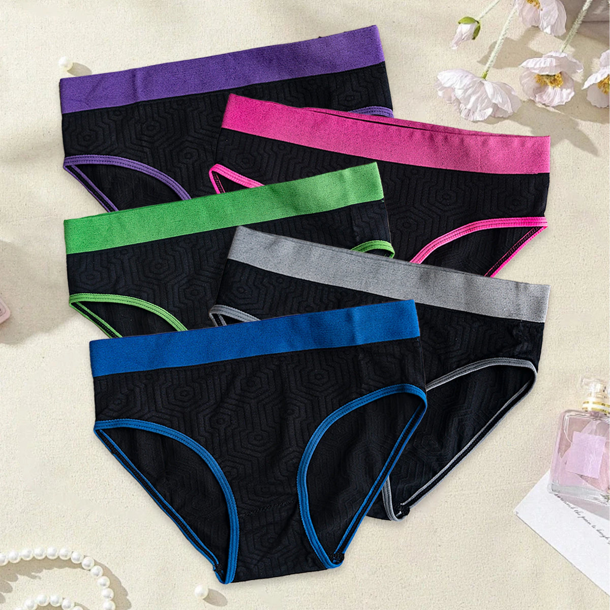 5PCS/Set Sports Women Seamless Underwear Contrast Color Geometric Pattern Panties Breathable Mid Waist Briefs All Seasons Wear