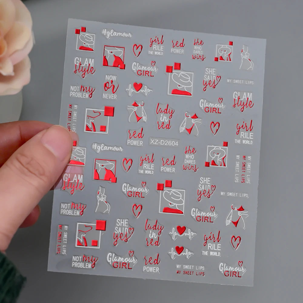 1Pc 3D Red Love Heart Nail Art Stickers Rose Flower Lip Self Adhesive Decals Valentine' Day Nail Sliders For Manicure Decoration