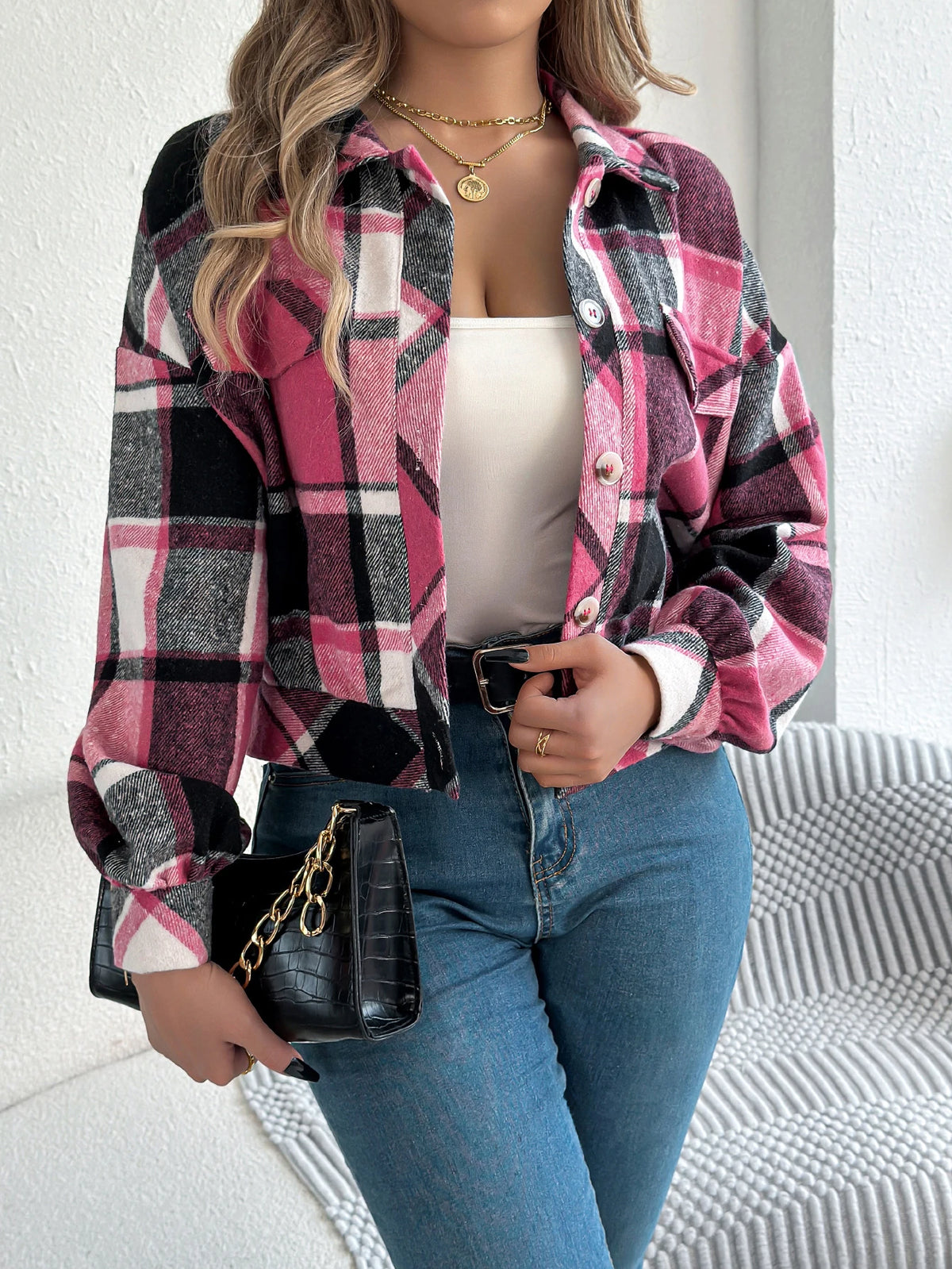 Autumn Winter Casual Plaid Cropped Jacket Lapel Lantern Long Sleeve Single Breasted Woolen Jacket 2026 Fashion Women Clothes