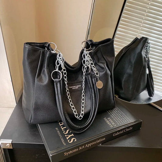 Luxury large bag women's Korean style large capacity PU soft leather single shoulder bag chain commuting tote bag