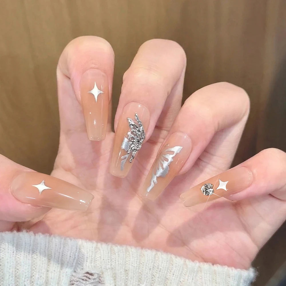 24pcs Medium Square French False Nails with Metallic Butterfly Starlight Design Full Cover Fake Nails Tips Women Press on Nails