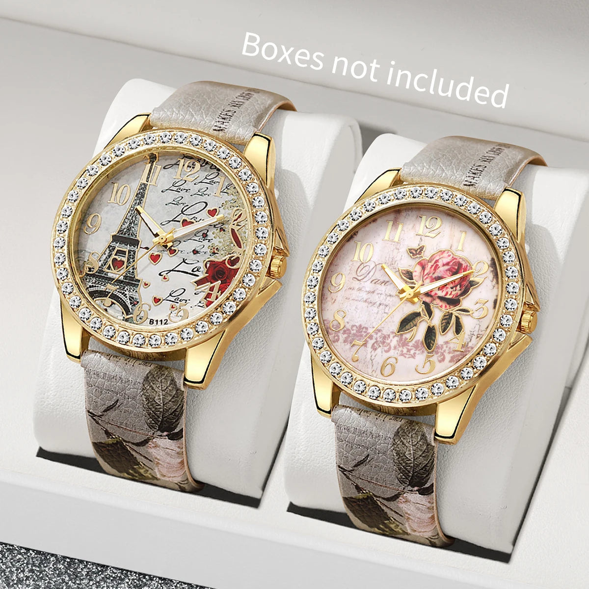 2/3/4/5PCS Fashion Rhinestone Women's Watch Flowers Printed Leather Band Female Quartz Watches Bracelets Set（Without Box）