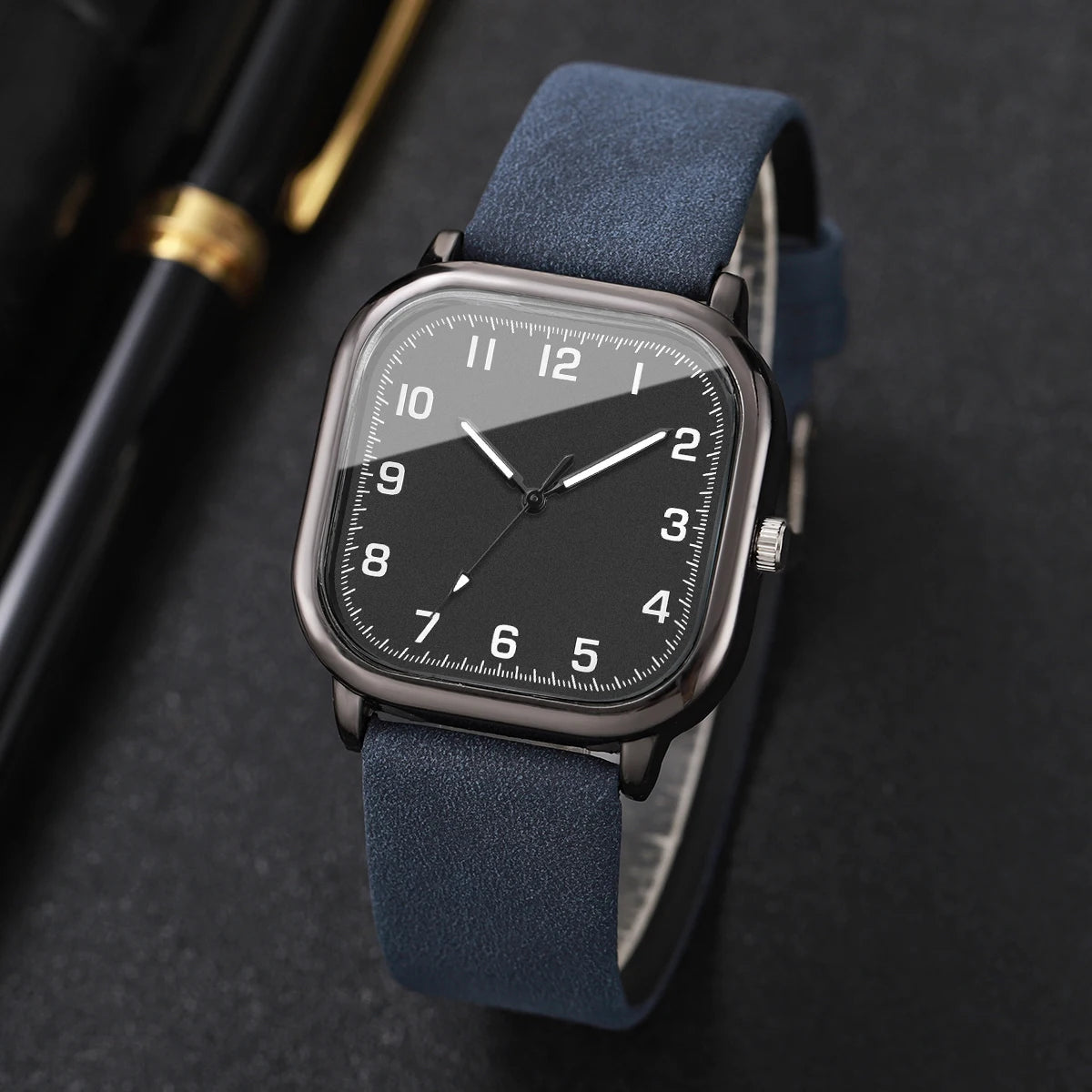 Fashion Square Arabic Men Business Watches Simple Blue Leather Band Quartz Wristwatches Clock Relogio Masculino（Without Box）