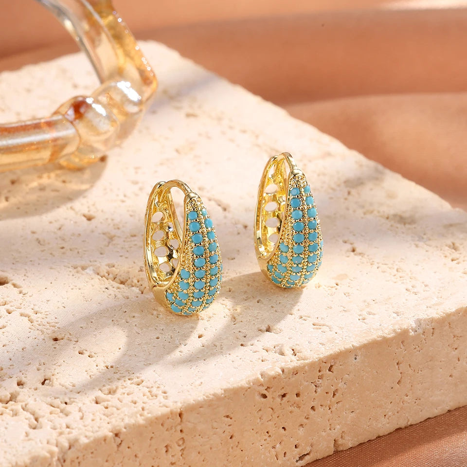 ZAKOL Luxury Turquoise Hoop Earrings for Women Temperament Gold Color Plated Micro-Intact Blue Zircon Party Ear Accessories